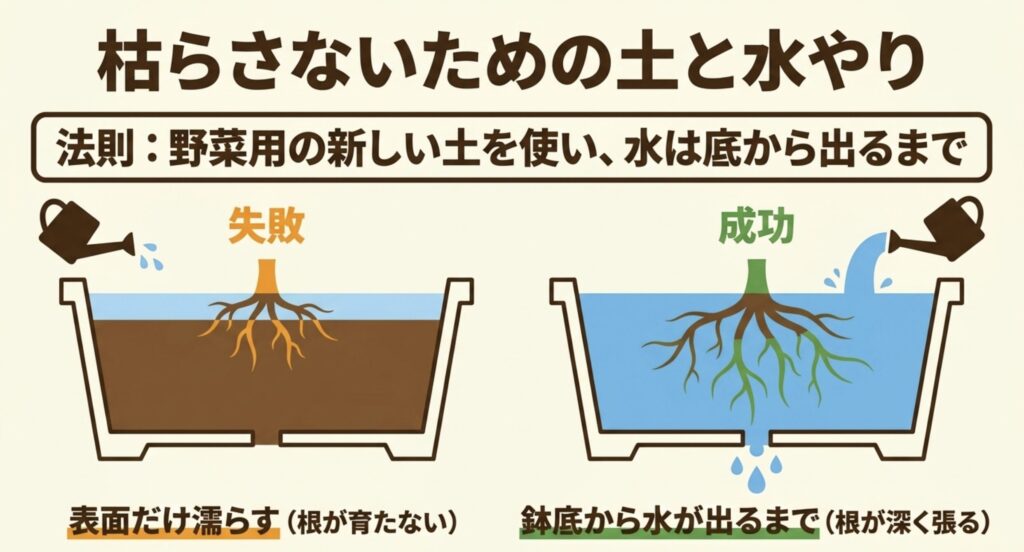 表面だけを湿らせる水やりと、鉢底から水が出るまで与える正しい水やりを比較した図