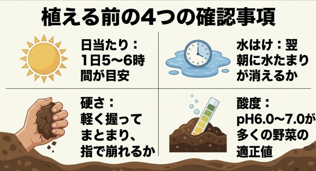日当たり5~6時間、水はけ、土の硬さ、pH6.0~7.0の4つの確認項目をまとめた図