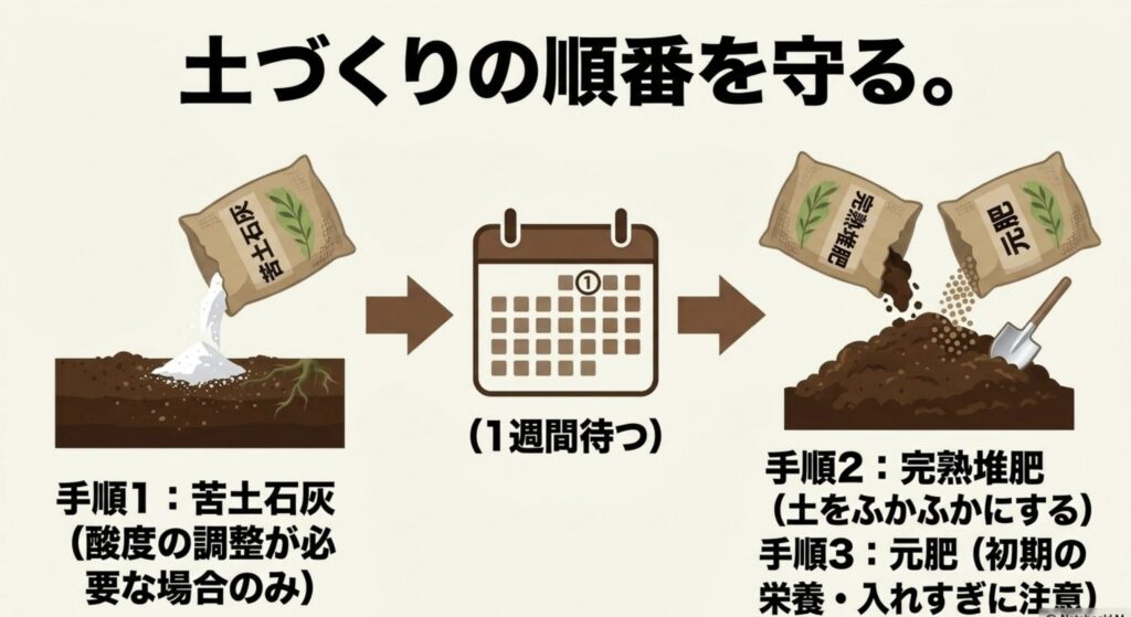 必要な場合のみ苦土石灰を混ぜて約1週間待ち、完熟堆肥と元肥を加える土づくりの順番を示した図