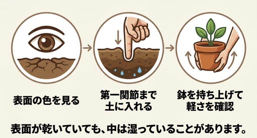 土の表面を見る、指を入れる、鉢の重さを確認する水やり判断手順を示したスライド