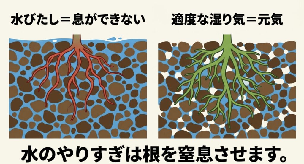 水びたしの土では根が呼吸できず、適度な湿り気では根が元気に育つことを比較したスライド