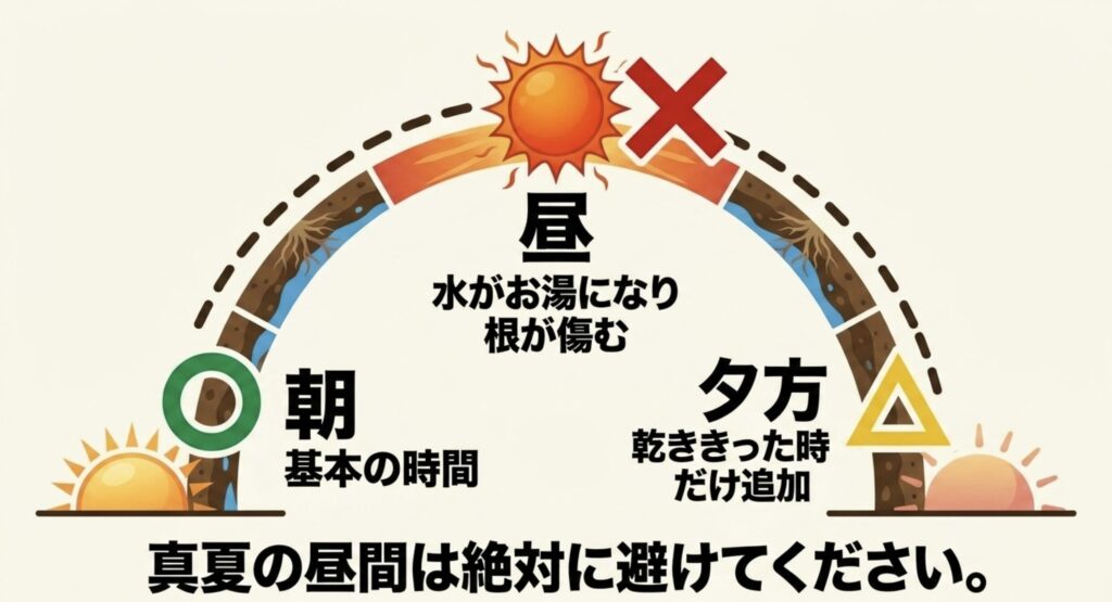 真夏の水やりは朝を基本にし、昼を避け、夕方は乾ききった時だけ追加することを示したスライド