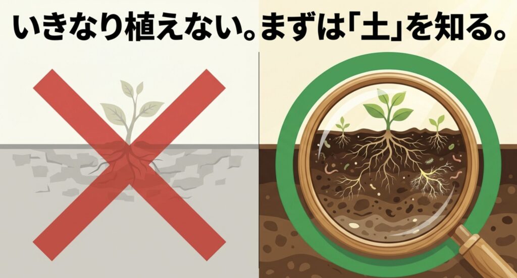 庭へすぐ苗を植えず、根が育ちやすい土の状態を確認する重要性を示した図