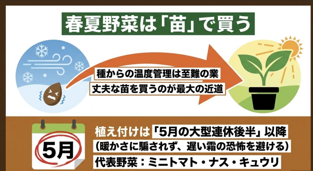 春夏野菜は苗で買う。種からの温度管理は難しいため、5月の大型連休後半に丈夫な苗を植え付けるのが近道であることを示すイラスト