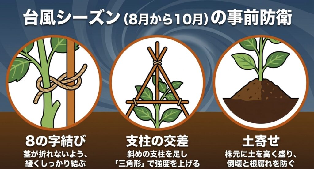 8月から10月の台風シーズンの事前防衛。8の字結び、支柱の交差による補強、株元への土寄せなどの対策イラスト