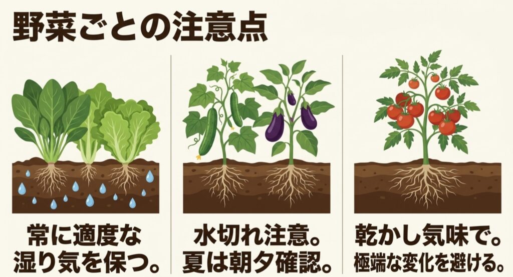 葉物野菜、実がなる野菜、トマトで異なる水やりの注意点をまとめたスライド